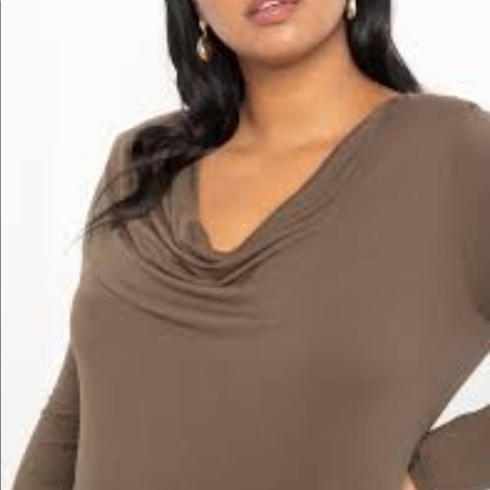 Eloquii Taupe-Brown Draped Cowl Long Sleeve Top